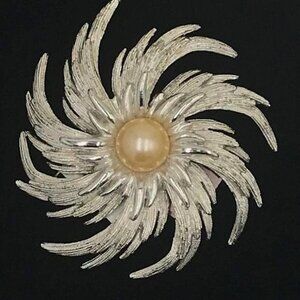 Vintage Sarah Coventry Statement Brooch  Silvery Sunburst Pinwheel Swirl
